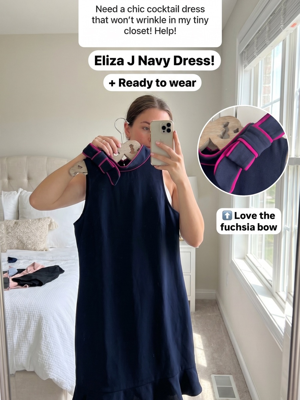 Eliza J Navy Shift Dress with Fuchsia Bow Trim